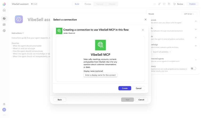 Copilot Studio dialog Creating a connection to use VibeSell with the Create button