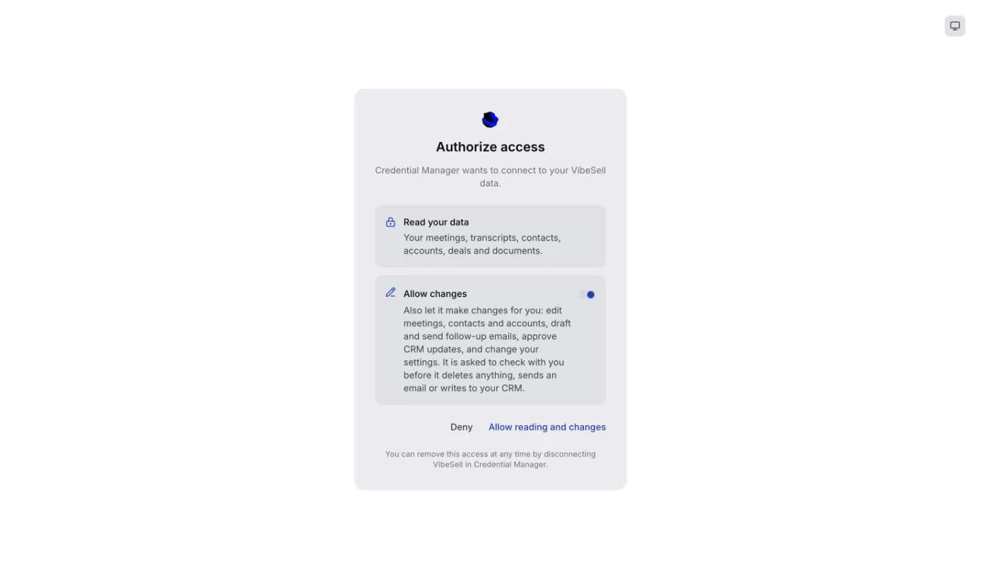 VibeSell Authorize access screen for Credential Manager, with read access and an Allow changes switch