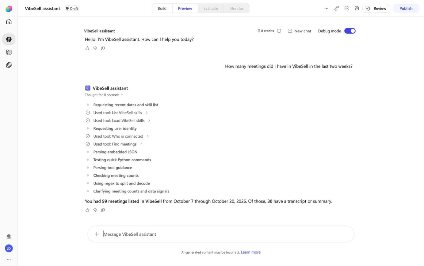 Copilot Studio preview where the agent used the VibeSell tools to answer how many meetings there were in the last two weeks