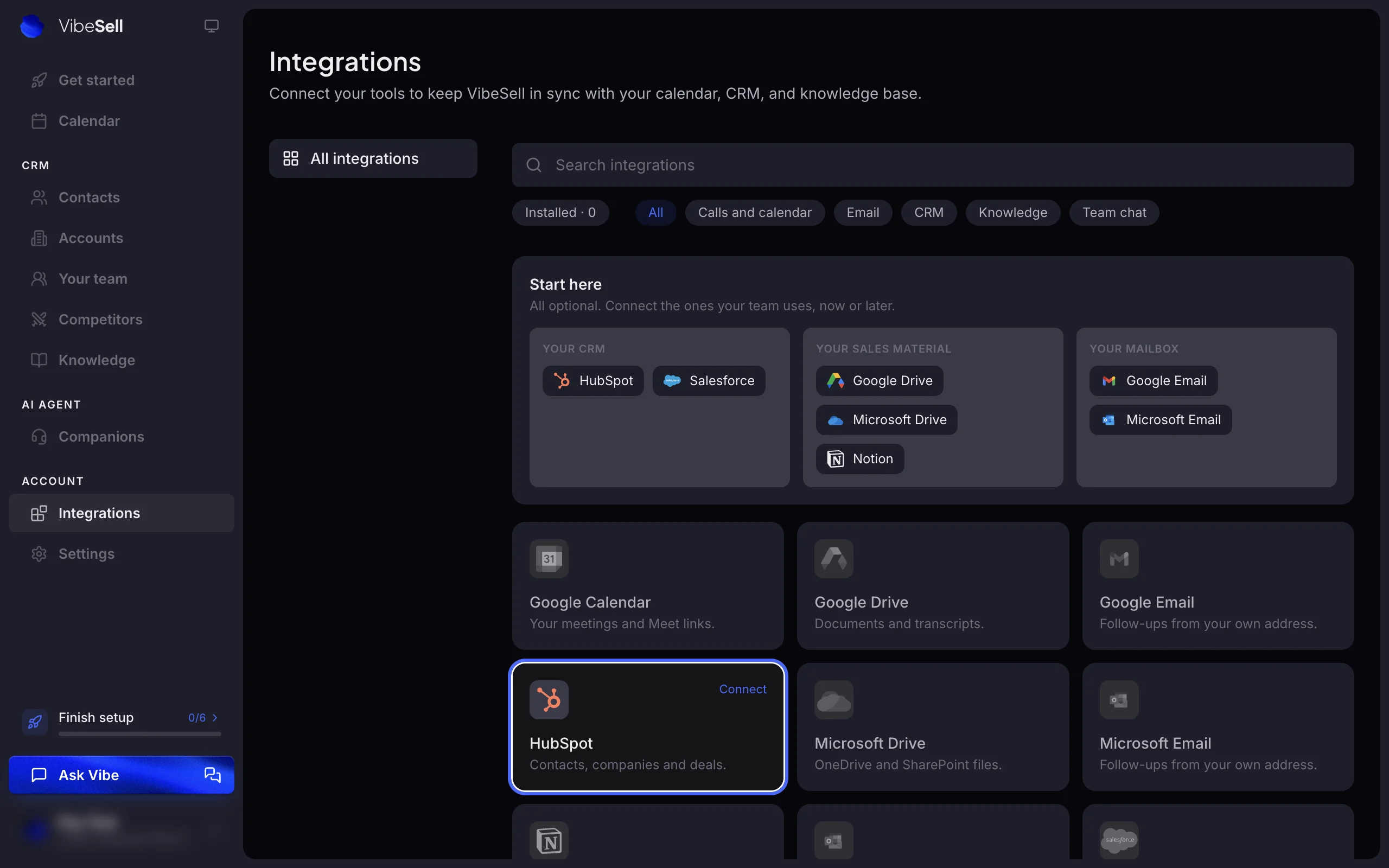 VibeSell Integrations page with the HubSpot card highlighted