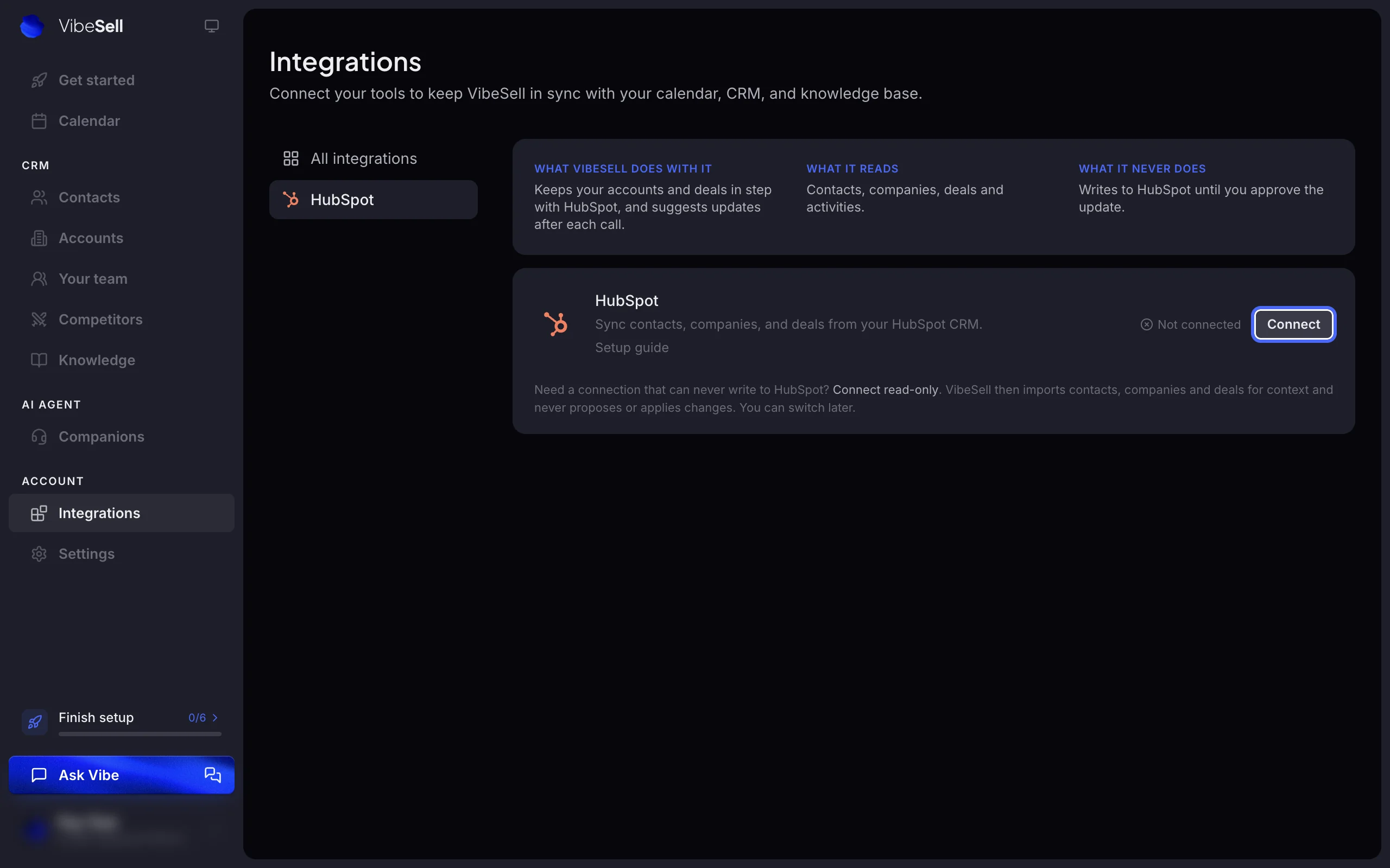 VibeSell HubSpot integration page, not connected yet, with the Connect button highlighted