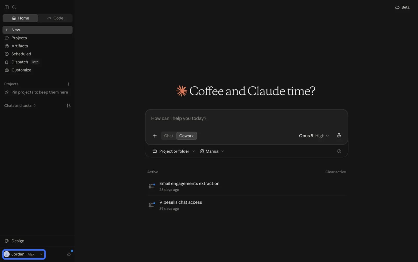 Claude desktop app home screen with the account menu button highlighted in the bottom left corner