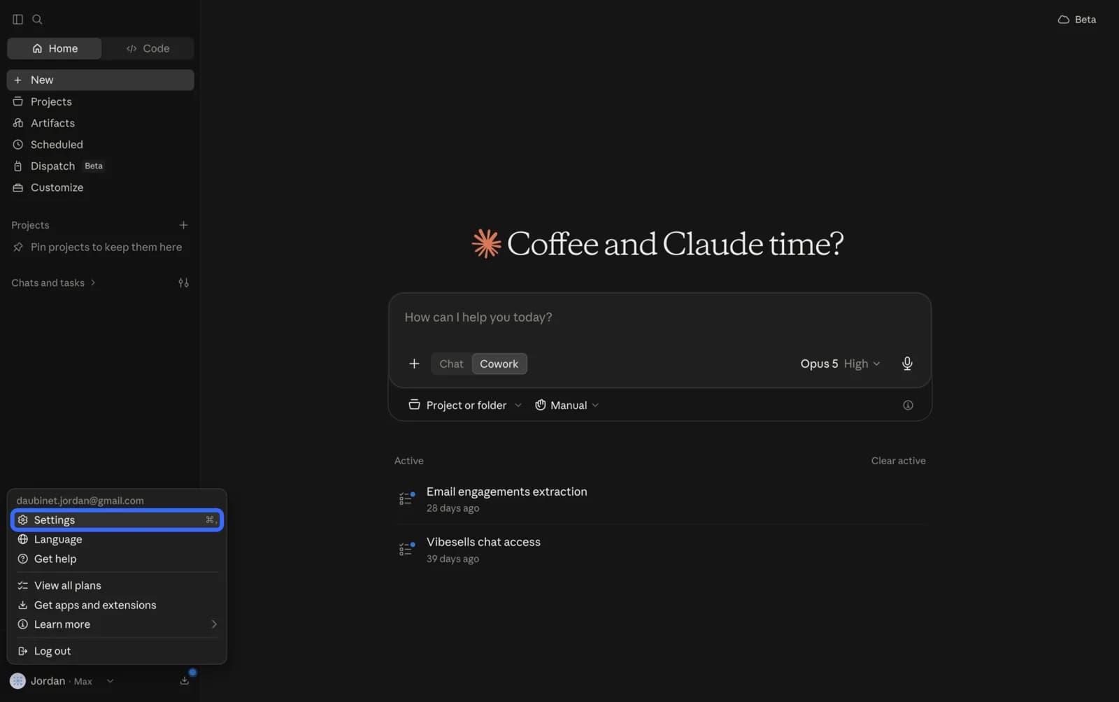 Claude account menu open with the Settings option highlighted
