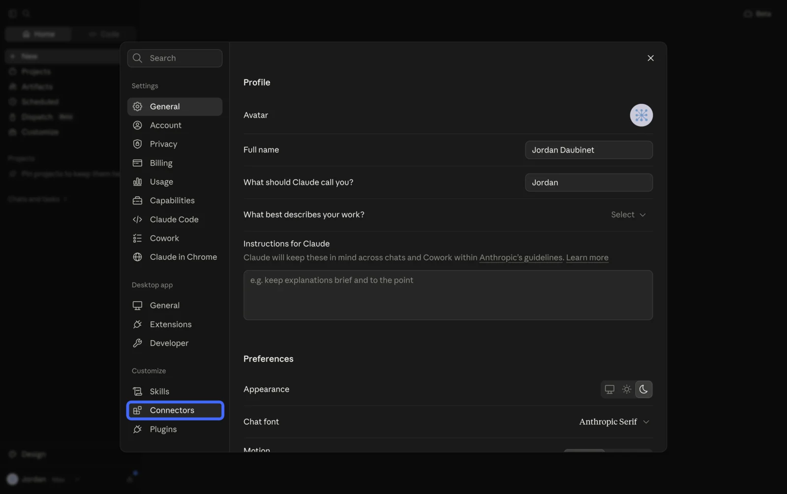 Claude settings window with Connectors highlighted in the sidebar under the Customize heading
