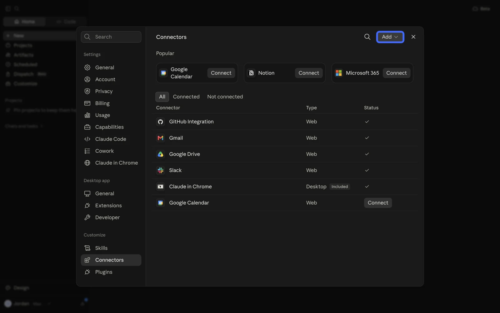 Claude connectors panel showing existing connectors with the Add button highlighted in the top right