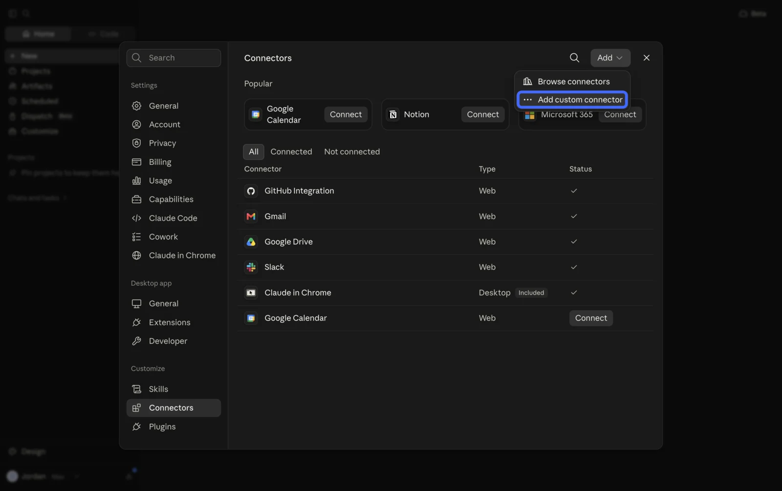 Claude Add menu open with the Add custom connector option highlighted