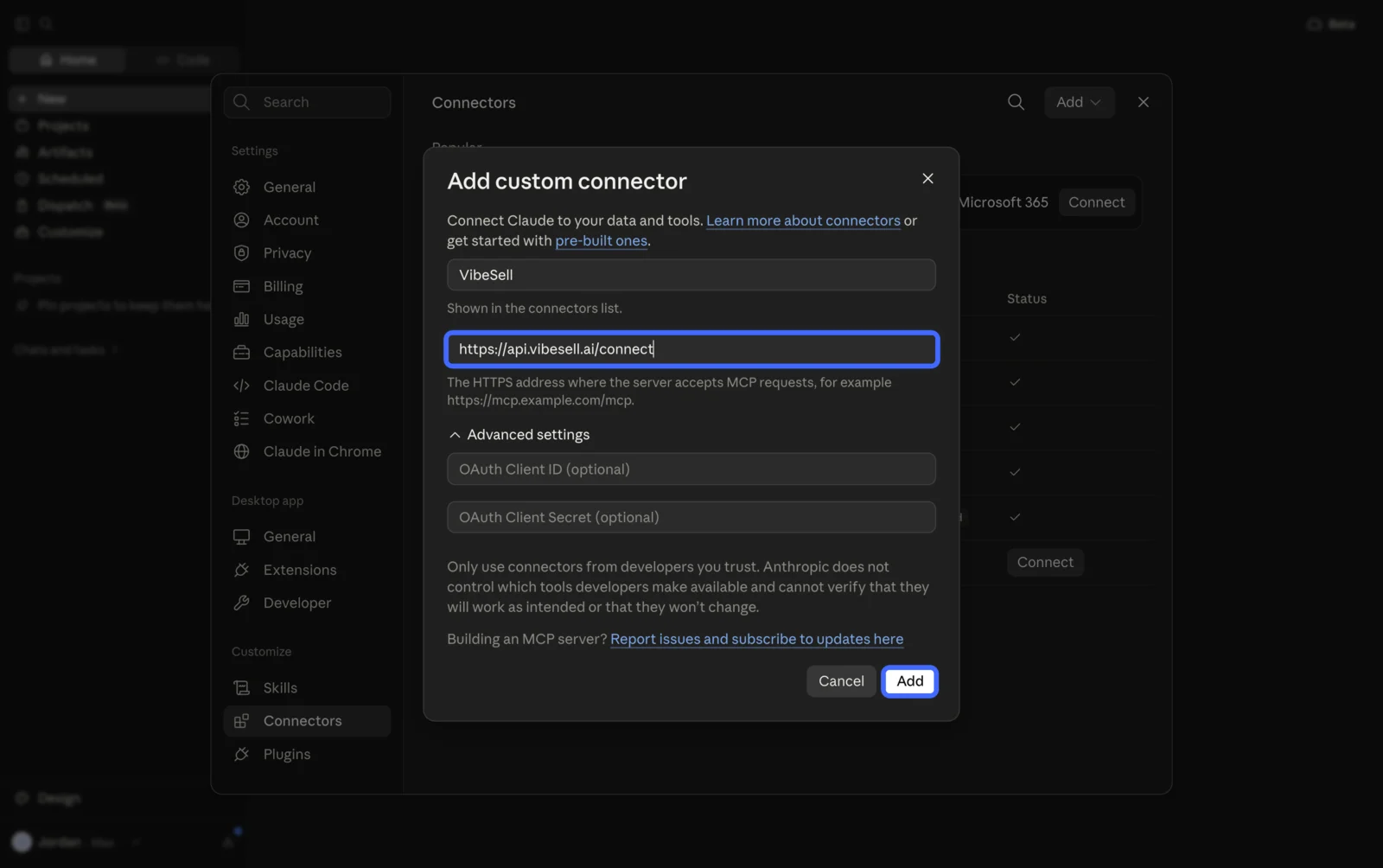 Add custom connector dialog in Claude with the URL field containing the VibeSell connect address and the Add button highlighted