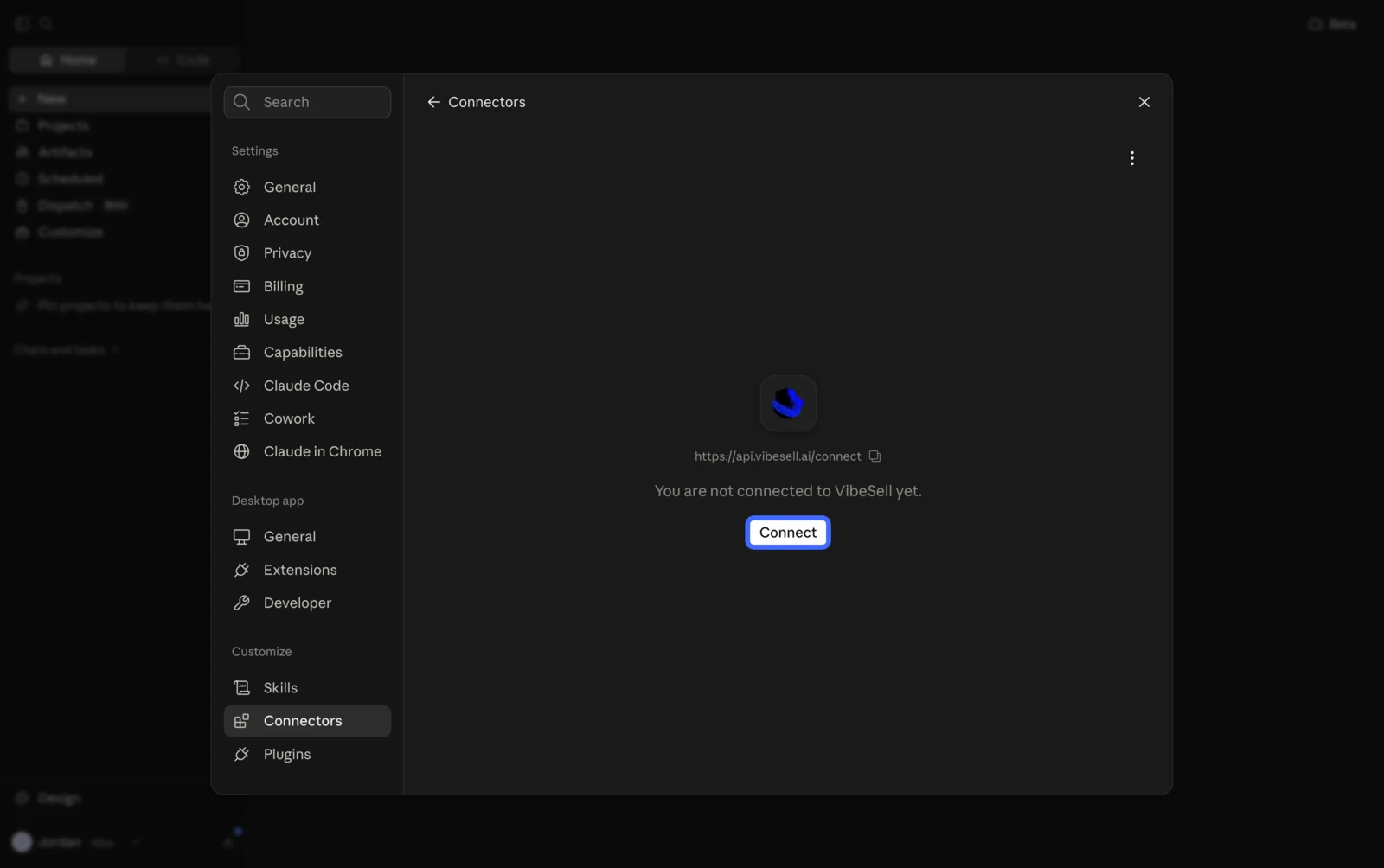 VibeSell connector page in Claude showing it is not connected yet with the Connect button highlighted