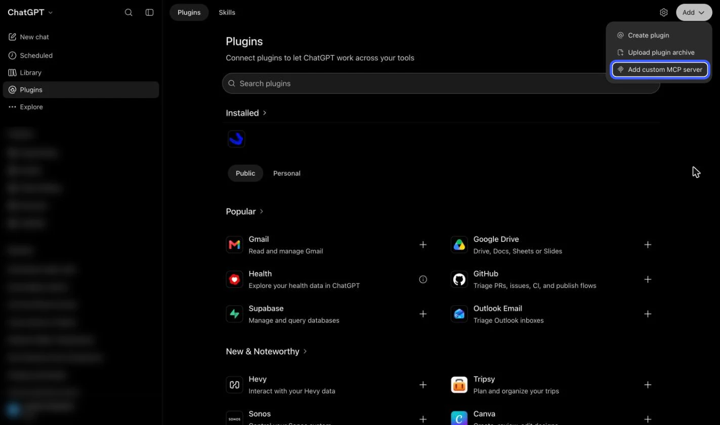 ChatGPT Plugins page with the Add menu open and Add custom MCP server highlighted