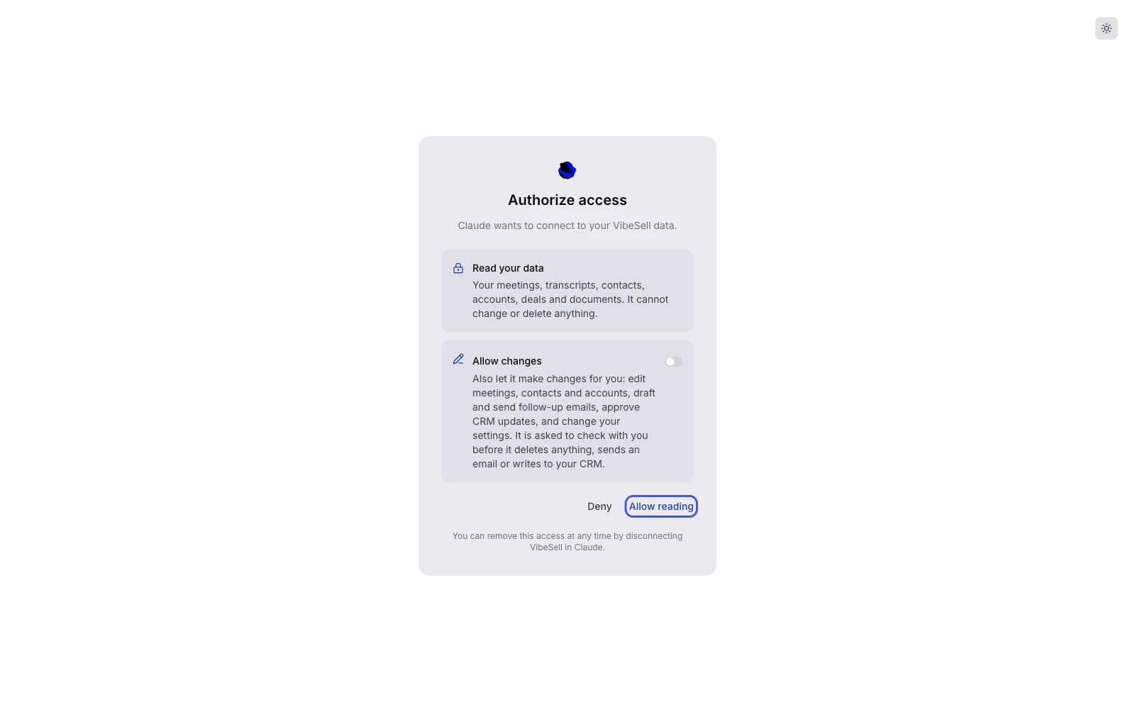 Pantalla de autorización de VibeSell que concede a Claude lectura de reuniones, transcripciones, contactos, cuentas, negocios y documentos, con un interruptor Allow changes y el botón Allow resaltado