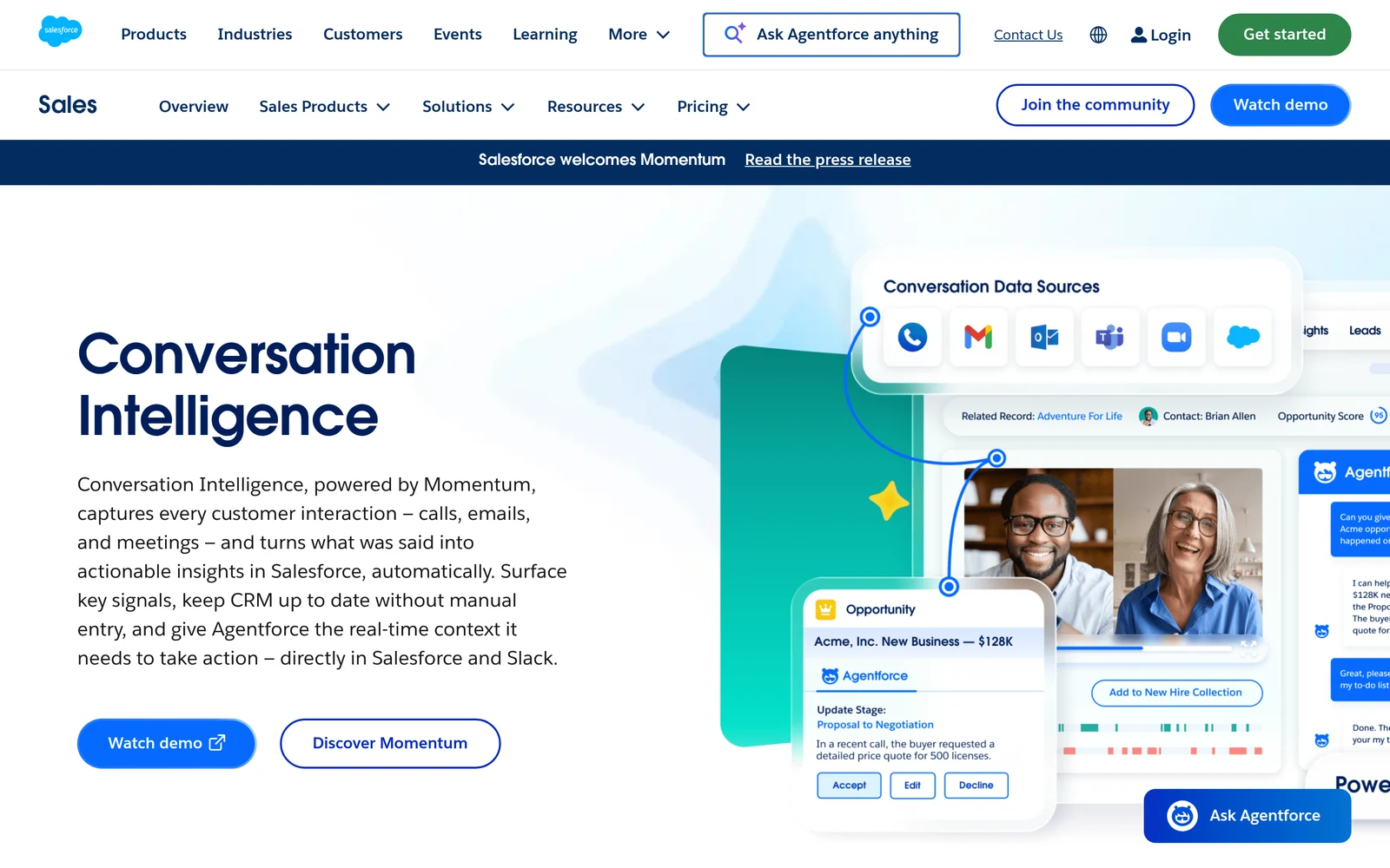 Screenshot of the Salesforce Conversation Intelligence product page, home of Einstein Conversation Insights