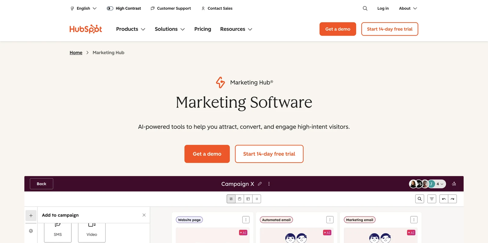Screenshot of the HubSpot Marketing Hub website