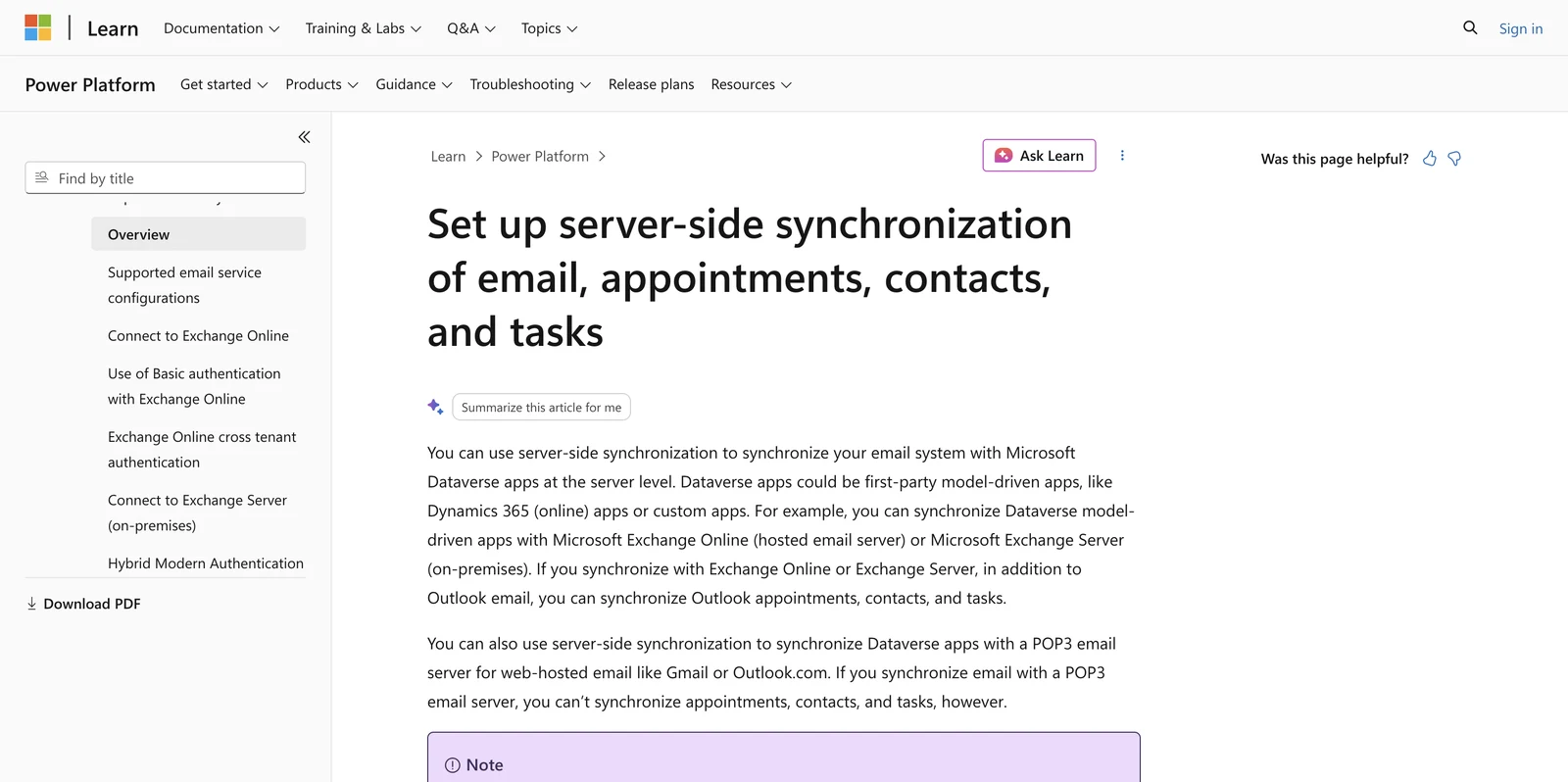 Screenshot of the Microsoft Learn documentation for server-side synchronization