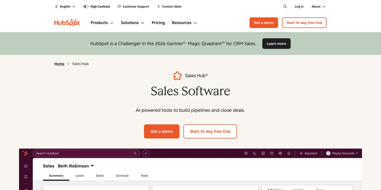 Screenshot of the HubSpot Sales Hub website