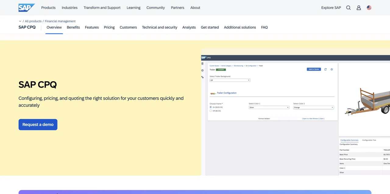 Screenshot of the SAP CPQ website