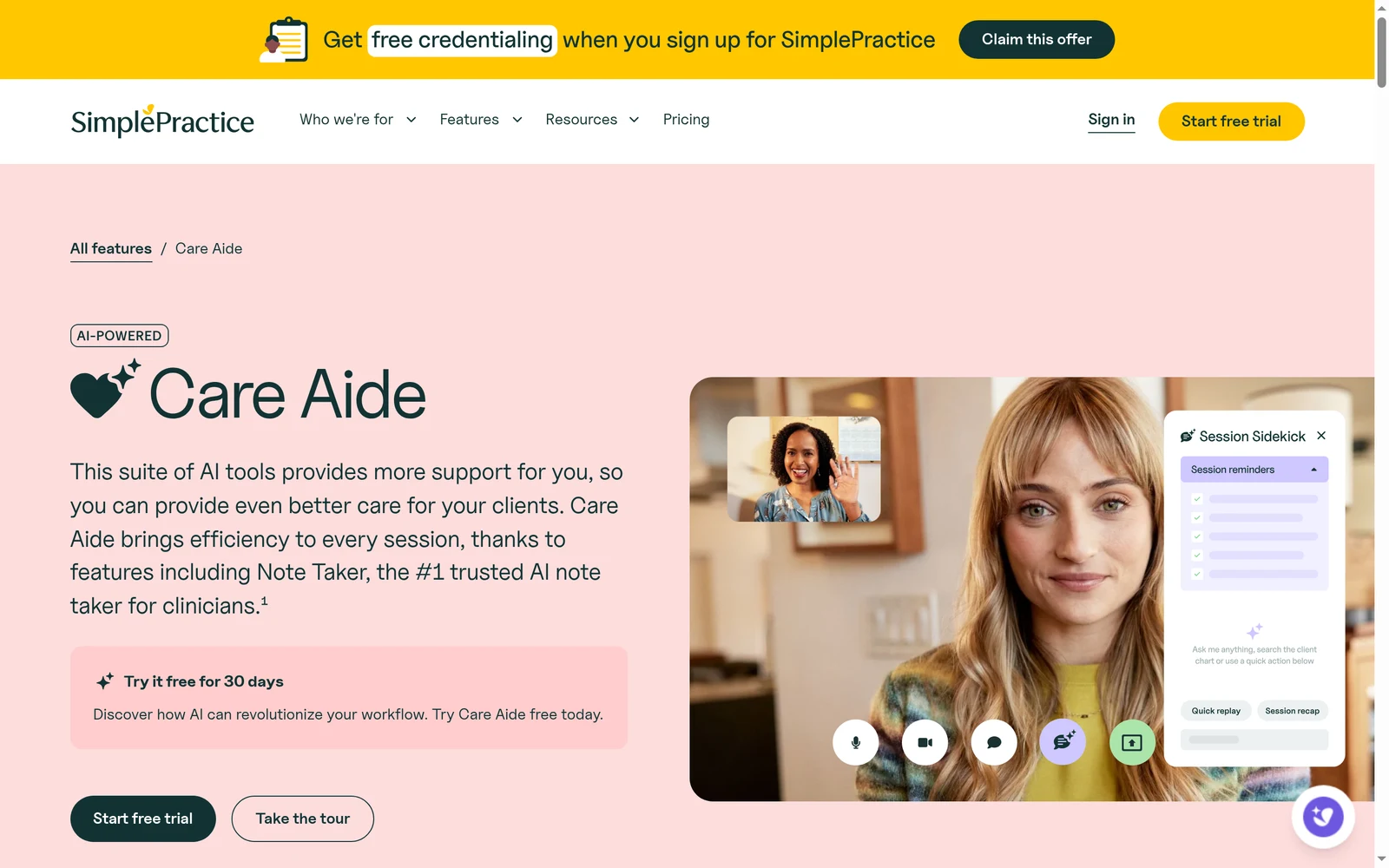 Screenshot of the SimplePractice Care Aide (Note Taker) page