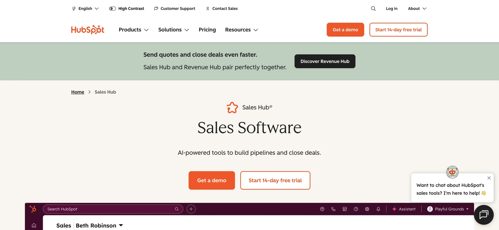 Screenshot of the HubSpot Sales Hub website