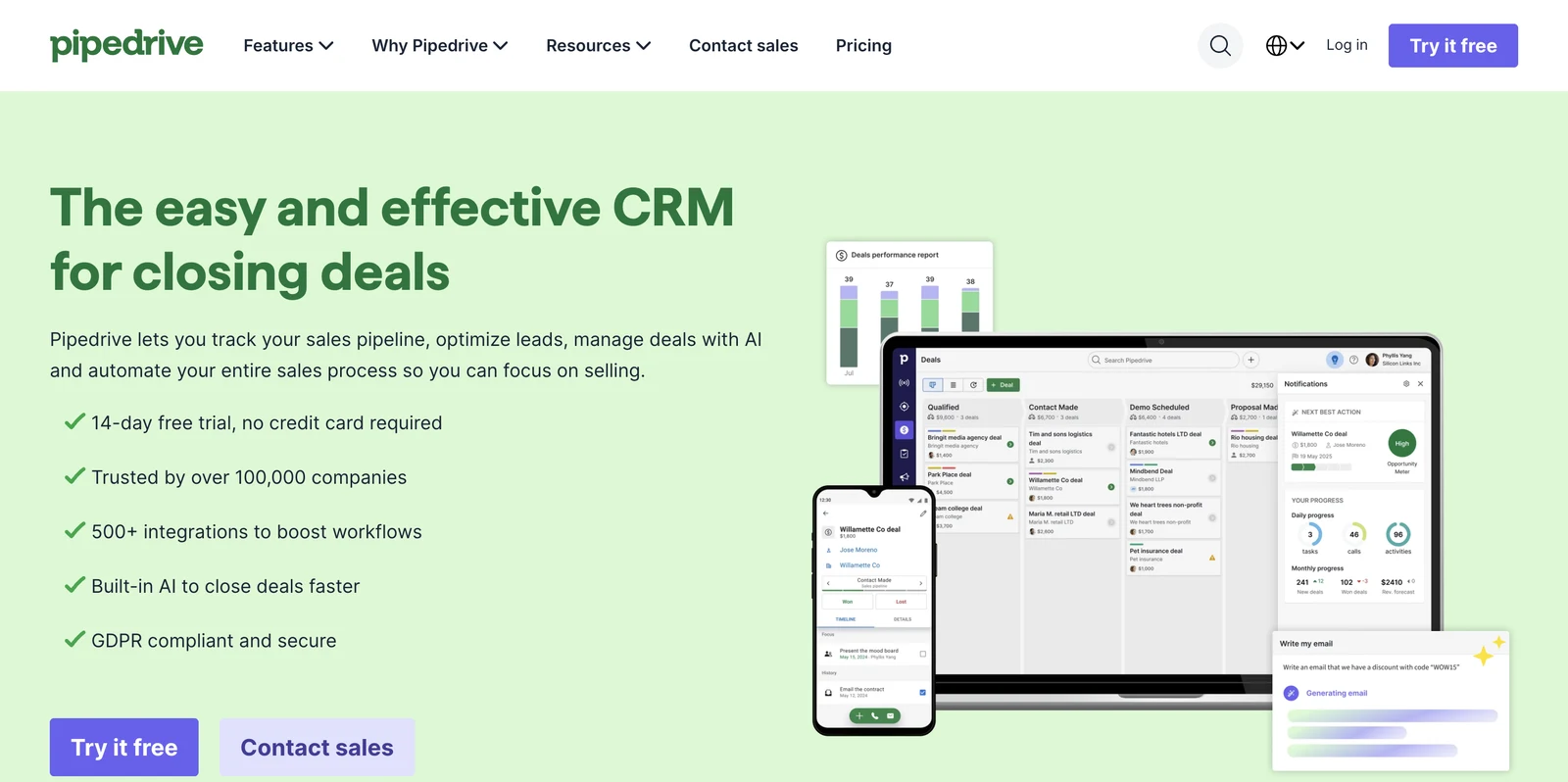 Screenshot of the Pipedrive website