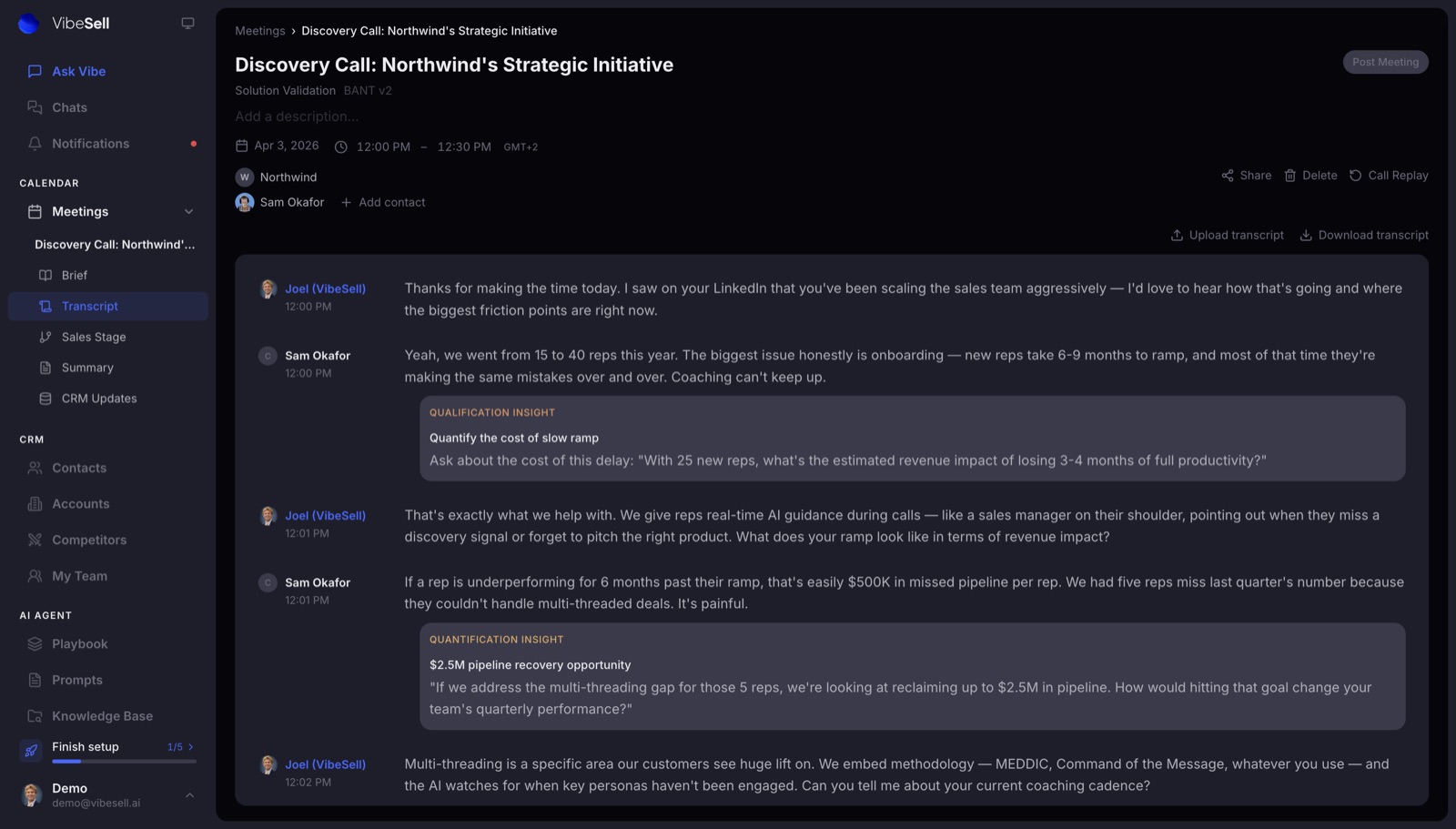 VibeSell meeting transcript: speaker-labelled turns with timestamps and AI insights surfaced inline