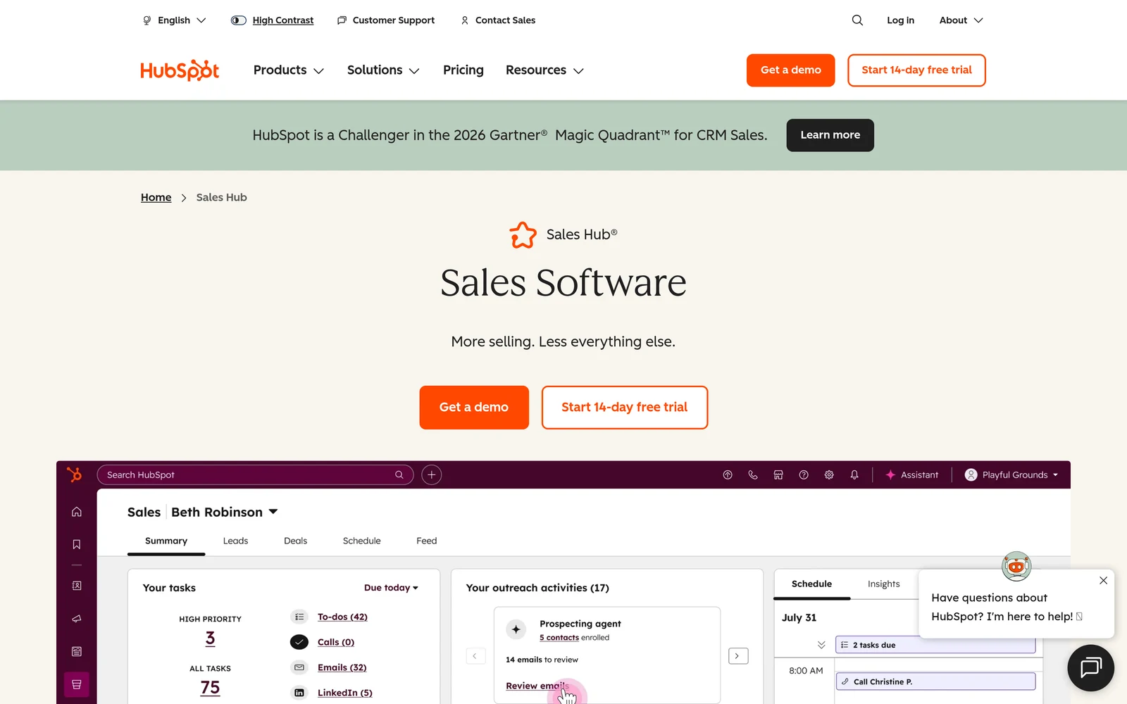 Screenshot of the HubSpot Sales Hub website