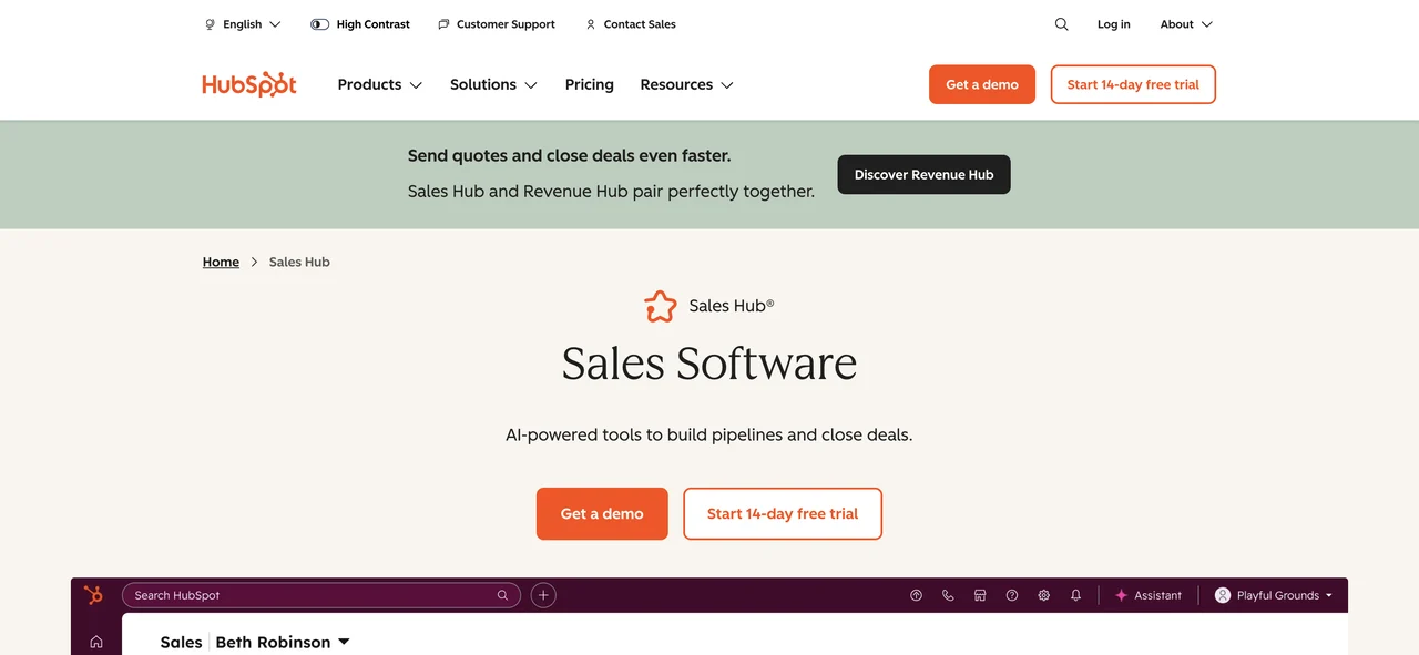 Screenshot of the HubSpot Sales Hub website